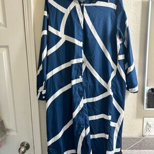 Blue and White Geometric Long Shirt Dress